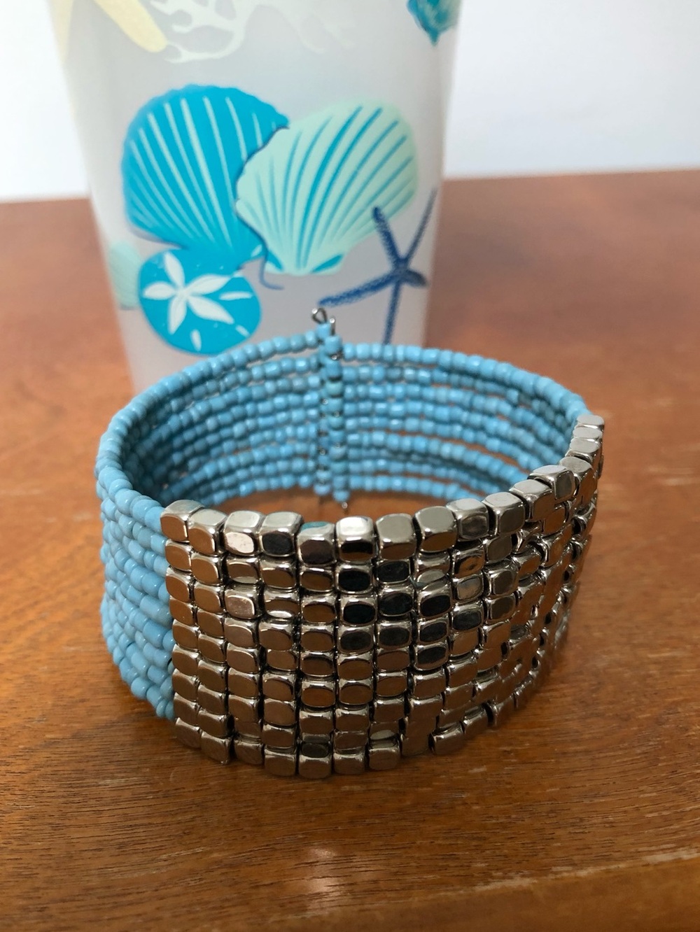 Blue Seed Bead Wired Silver Wrap Cuff Bracelet